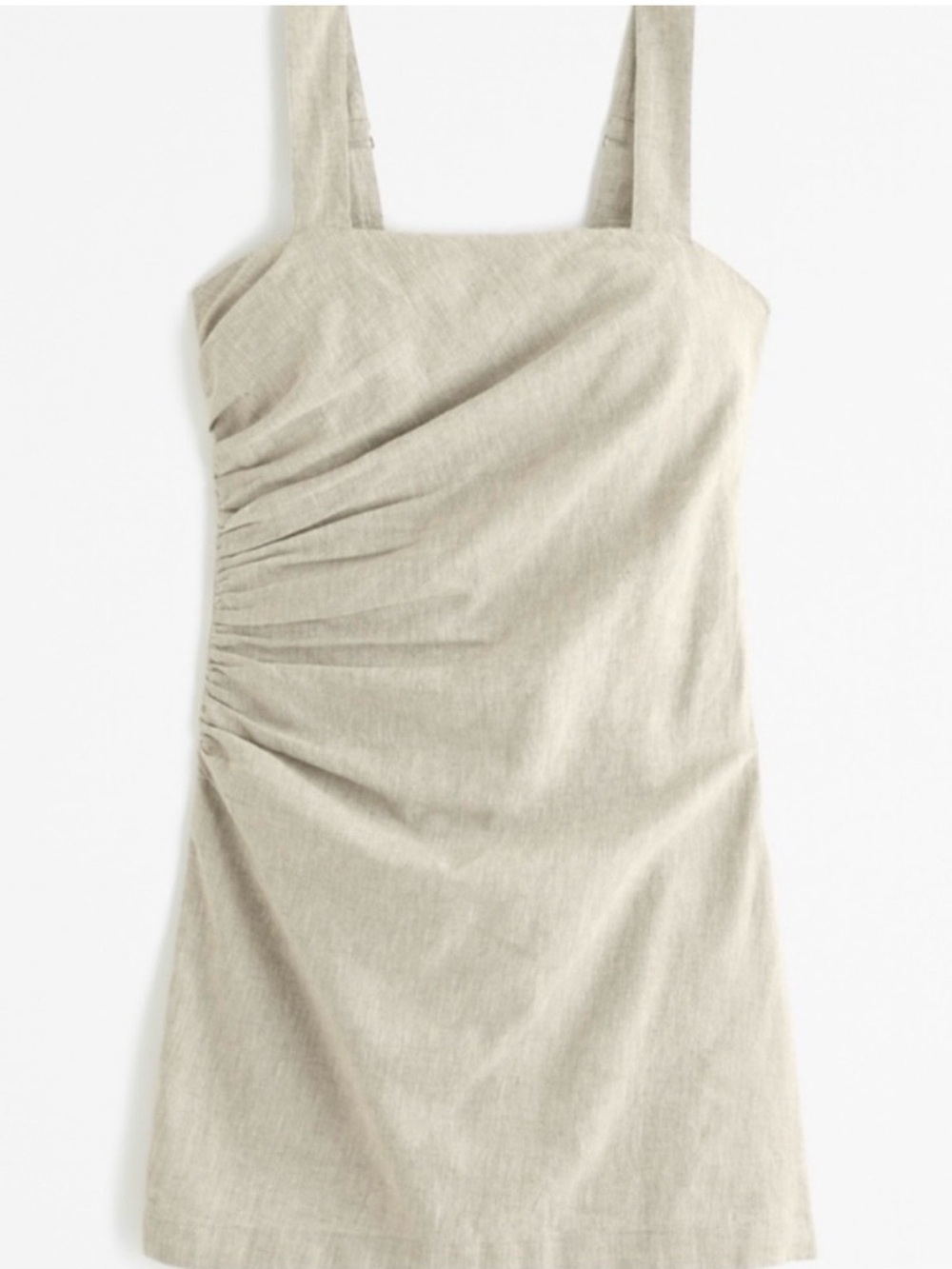 Abercrombie and Fitch Linen Beige Mini Dress square shoulder side rouching - Picture 2 of 6